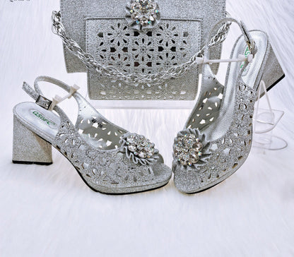 jinran Newest Gold Color Cutout High Heels Decorated with Rhinestone Flower Design Party Women's Shoes and Bags Set