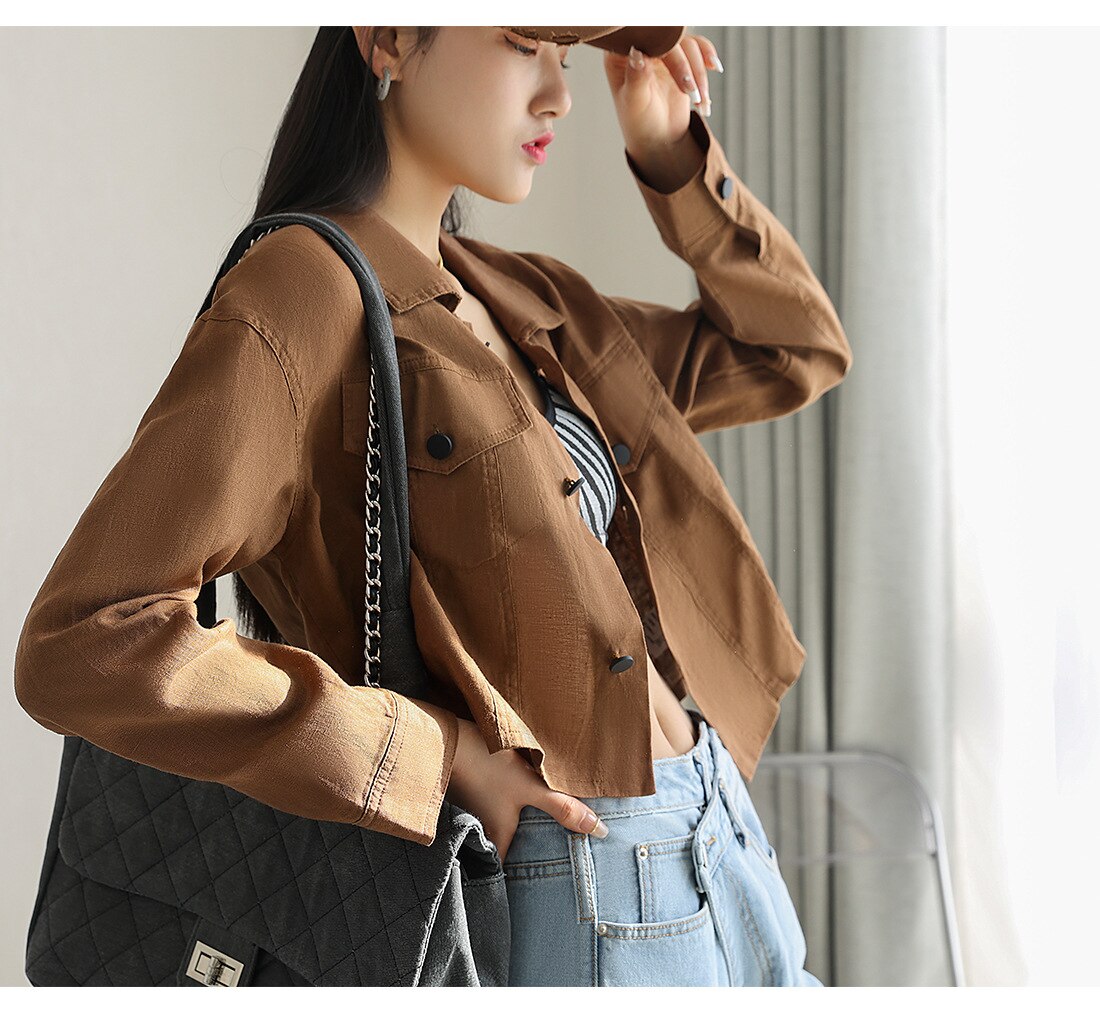 jinran Casual Spring New Turn-down Collar Linen Short Women Jackets 2022 Simple Solid Color All Match Button Female Coats