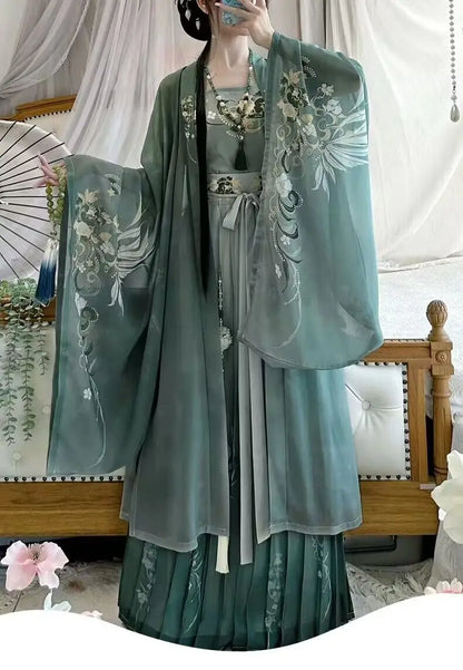 jinran Retro Chinese traditional women's Hanfu Song Dynasty green Hanfu printed dress women's role play dress.