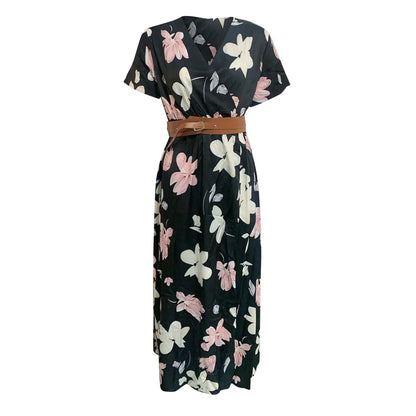 jinran Women Long Chiffon Dress Retro Elegance Short Sleeve A-Line Maxi Dresses Holiday Beach Casual Robe Flower Print Vestido