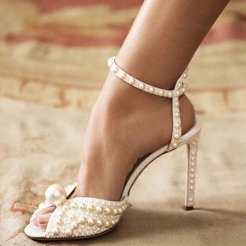 jinran Women Sandals Fashion High Quality Wedding Shoes Women New Pearls Studs Luxury Peep Toe High Heels Buckle Woman Sandal 43