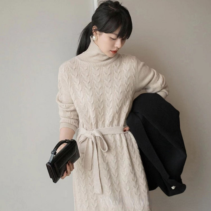 jinran Women Clothing Fashion Turtleneck Knitted Dress 2022 Autumn Winter New Lace-up Waist Sweater Skirt Korean Clothes Women Dresses