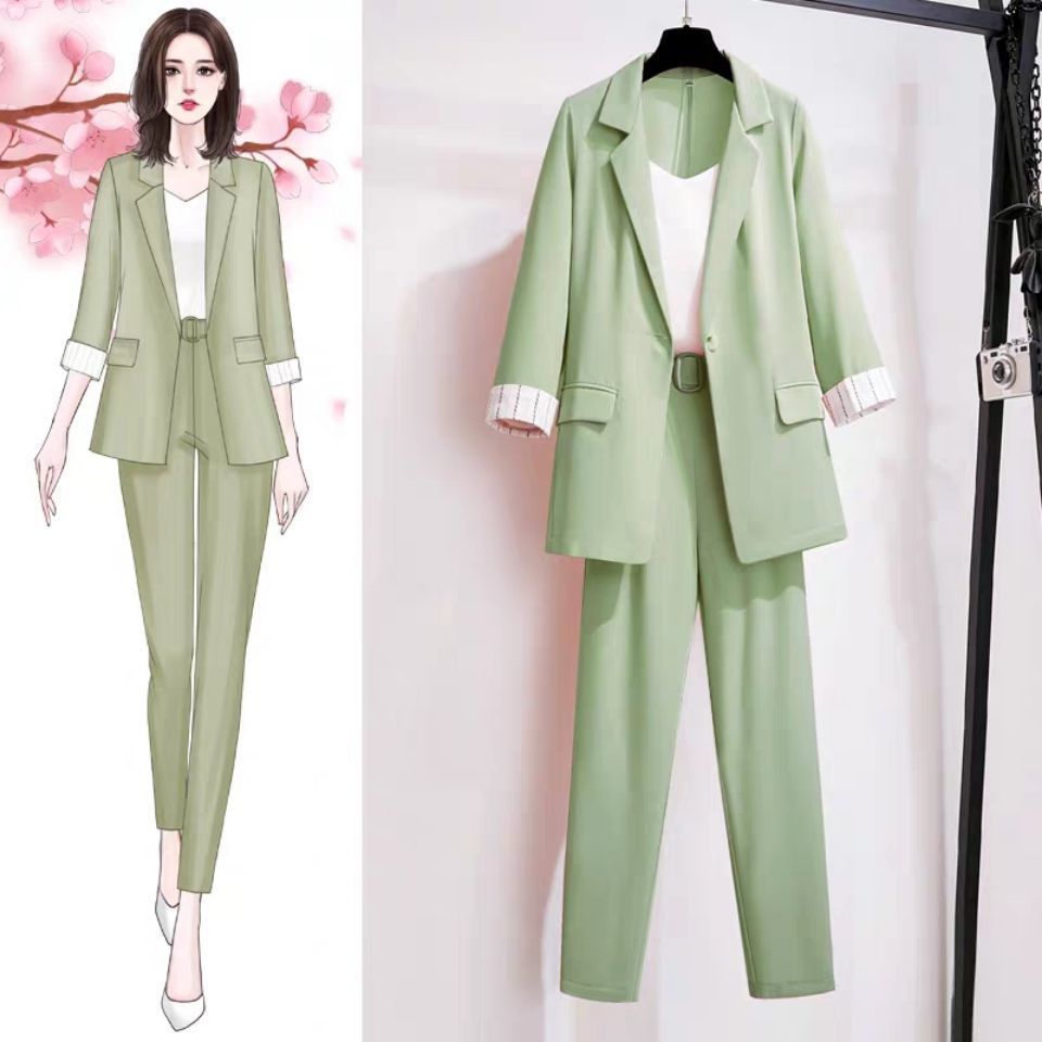 jinran 2022 Summer New Elegant Women's Pants Suit Stripe Flanging Long Sleeve Suit Jacket Vest Trousers Three Piece Set Female Blazer