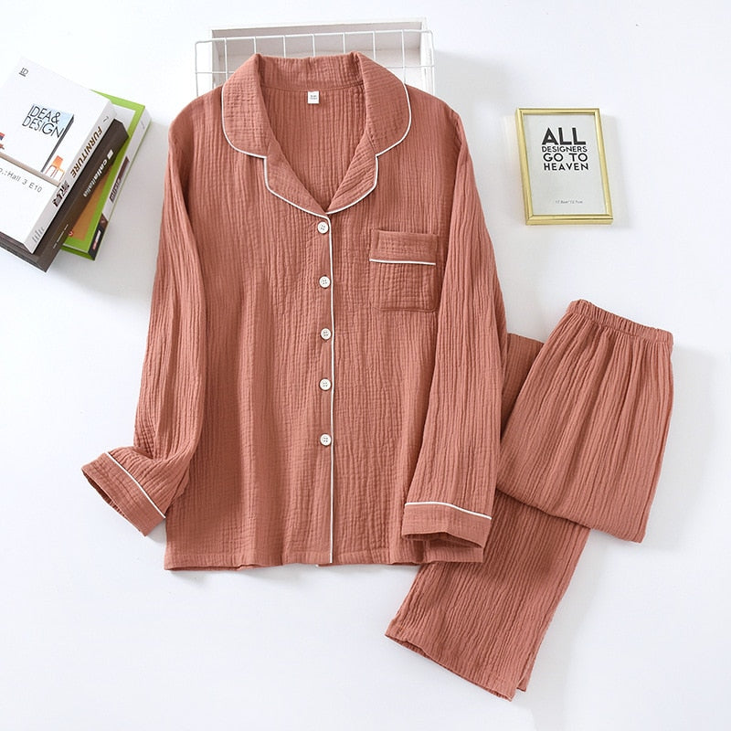 jinran New Spring And Autumn Pure Cotton Crepe Cloth Couple Soft Men Long-Sleeve Simple Home Service Women Two Piece Set