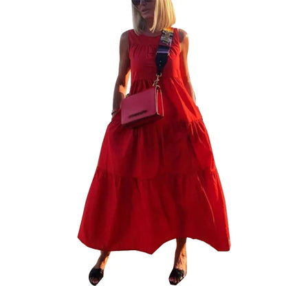 jinran Spring Summer Sleeveless Round Neck Crepe Patchwork Dress Solid Color Green Red Holiday Style Casual Beach Dress