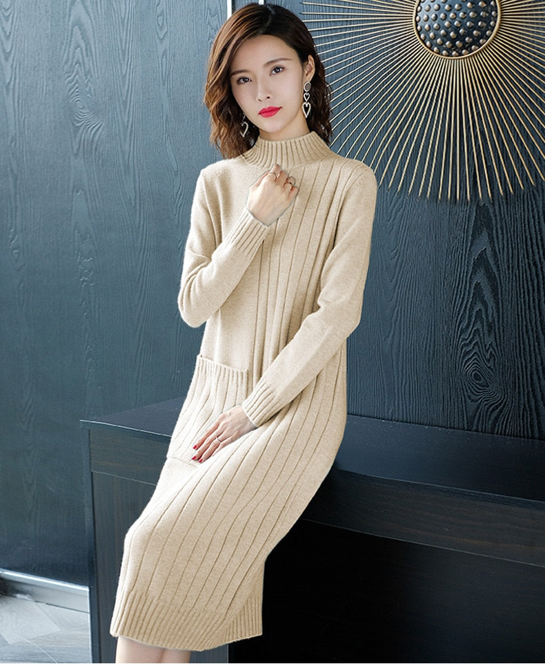 jinran Half High Collar Sweater Dress for Women In Autumn Winter New Medium Long Bottoming Sweater Knitted Pullover Streetwear Dresses