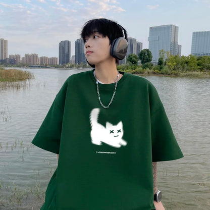 jinran Men's Oversized T-shirts Cotton T Shirt White for Men Casual Summer Wear Cat Anime Print Fashion Tee Shirts Men Clothing