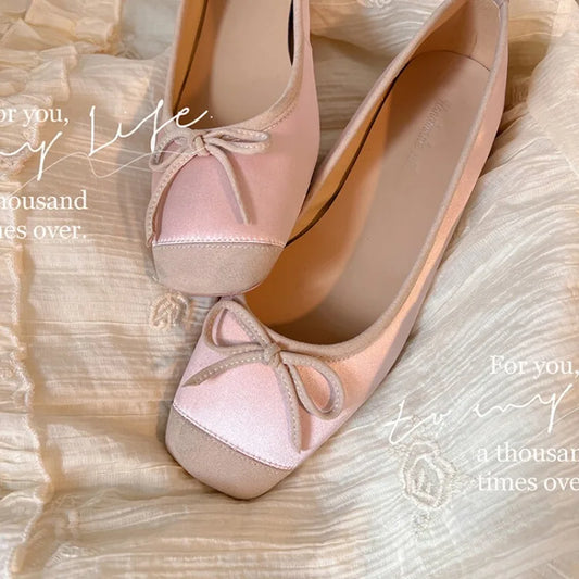 nvxiot  -  French Sheepskin Square Head Single Shoes Women Soft Bottom Ballet Shallow Mouth Bow Flat Plus Size 34-43 Casual Lolita Shoes