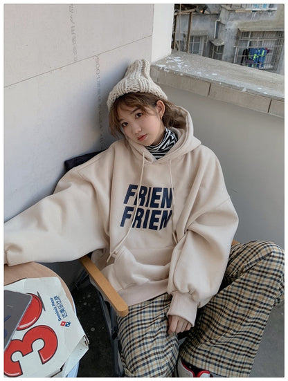 jinran Korean Fashion New Grey Loose Fleece Pullover Vintage Pocket Letter Printing Sweatshirt Lazy Casual Raglan Sleeves Hoodie Autumn