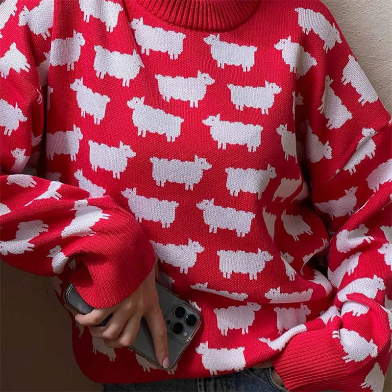 jinran Printed Loose Round Neck Sweater Pullover Women's Casual Contrast Color Long Sleeve Pullover Street New Pullover Sweater