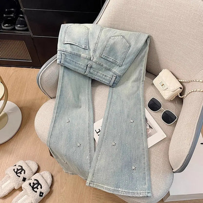 jinran Heavy-Duty Star Rhinestone Shiny Light Blue Jeans Women's Summer High Waist Slim Stretch Flared Pants