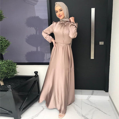 jinran Summer Elegant Solid Color Colorful Temperament Long Skirt Ladies Open Shouder Robe Satin Large Size Belt Muslim Woman Abaya