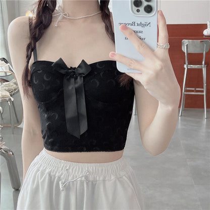 jinran Sexy Crop Top Women Crescent Moon Decorate Tank Top Bowknot Fixed Cup Padded Push Up Seamless Camisole Summer 2022 New