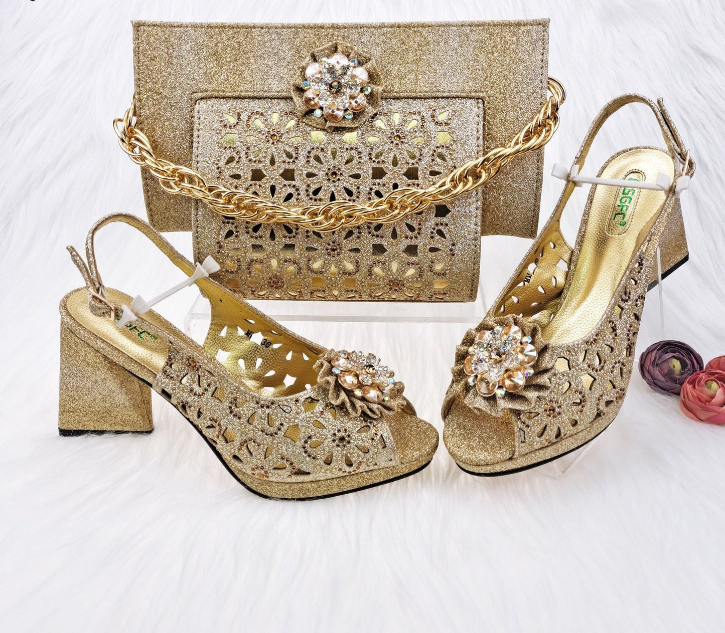 jinran Newest Gold Color Cutout High Heels Decorated with Rhinestone Flower Design Party Women's Shoes and Bags Set