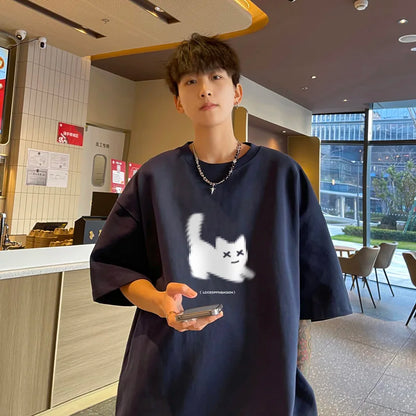 jinran Men's Oversized T-shirts Cotton T Shirt White for Men Casual Summer Wear Cat Anime Print Fashion Tee Shirts Men Clothing