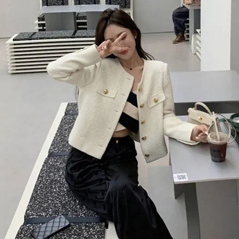 jinran Elegant Tweed Jacket Women New Spring Autumn Vintage O-Neck Single Breasted Cropped Jacket Korean Long Sleeve Short Coat Top