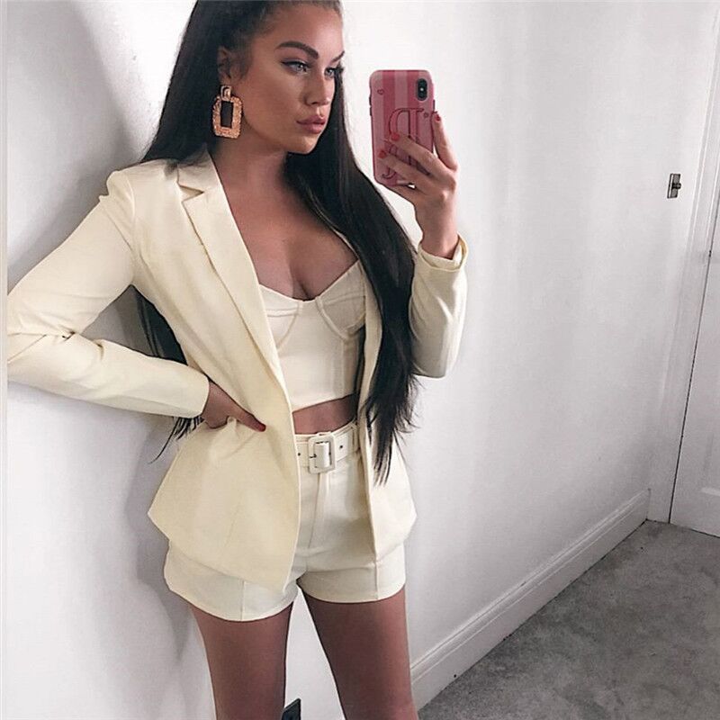 jinran New Spring and Summer Suit Jacket Shorts Sexy Temperament Women's Fashion Casual Lapel Cardigan Fashion Belt Women's Wear  Set