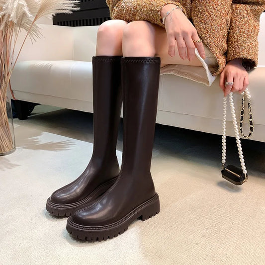 nvxiot  -  Women's Long Boots  Autumn/Winter Thick Sole Round Toe Fashion Versatile Inner Heightening British Brown Knight Boots Women