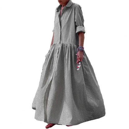 jinran Lapel Plaid Print Women Shirt Dress Summer Elegant Party Dresses For Women 2024 Casual Full Length Lady Maxi Dres Pleated Dress