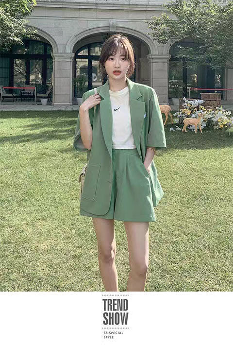 jinran Summer New Loose Casual Elegant Women's Shorts Suit Fruit Green Jacket Shorts Two Piece Set Female Tracksuit Office Leisure Suit