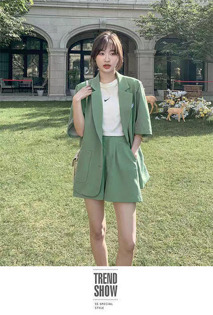 jinran Summer New Loose Casual Elegant Women's Shorts Suit Fruit Green Jacket Shorts Two Piece Set Female Tracksuit Office Leisure Suit