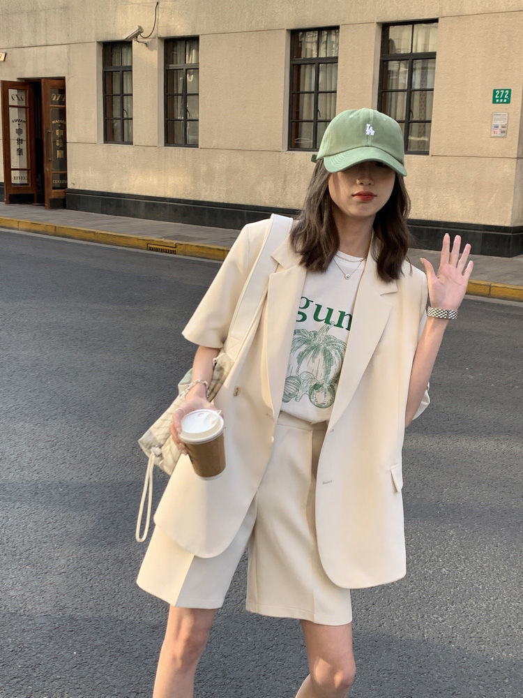 jinran Summer 2022 Thin Casual Loose Short Sleeve Jacket and Shorts Two-piece Elegant Women's Pants Suit Female Office Tracksuit Blazer