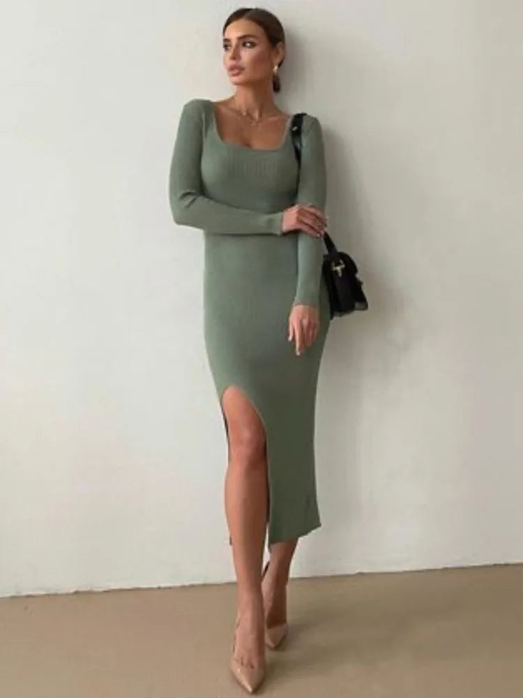 jinran White Scoop Neck Knit Dress Female Basic High Split Autumn Solid Elegant Ribbed Party Dress Patchwork Long Sleeve Dress