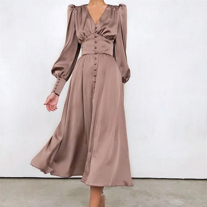 jinran Women Autumn Puff Sleeve Elegant Dress Long Sleeve V Neck Slim Waist Long Dress Korean Fashion Vintage Dresses Female