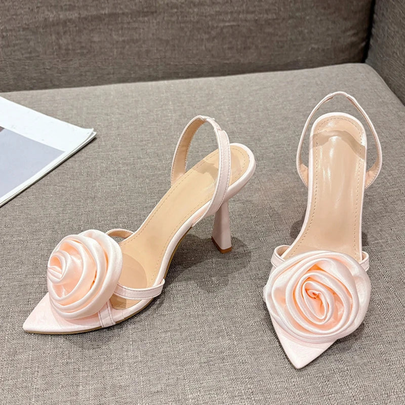 jinran Summer Fashion Silk Rose Flowers Pointed Open Toe Back Strap Sandals Women Red High Heels Wedding Prom Shoes Zapatos Mujer