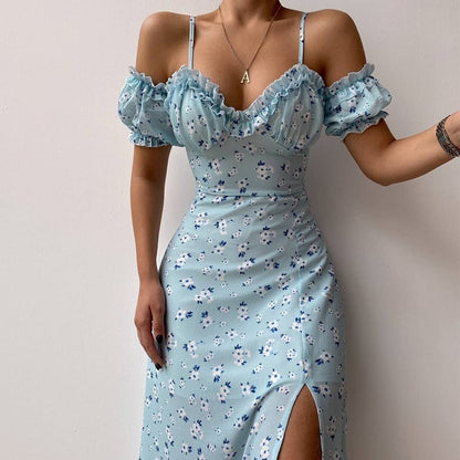 jinran Bohemian Floral Maxi Dress Women Maxi Dress Women Summer Off Shoulder Short Sleeve Corset Split Dress Elegant Beach Sexy Dresses