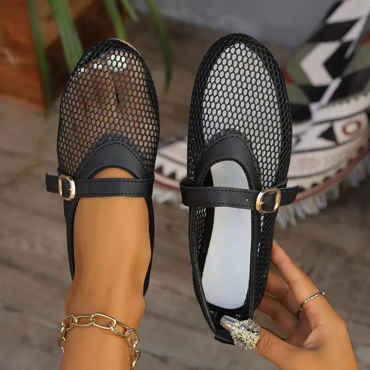 jinran Female Shoes on Sale 2024 Summer Black Mesh Hollow Women's Sandals New Metal Pin Buckle Design Casual Flats Shoes Zapatos Mujer