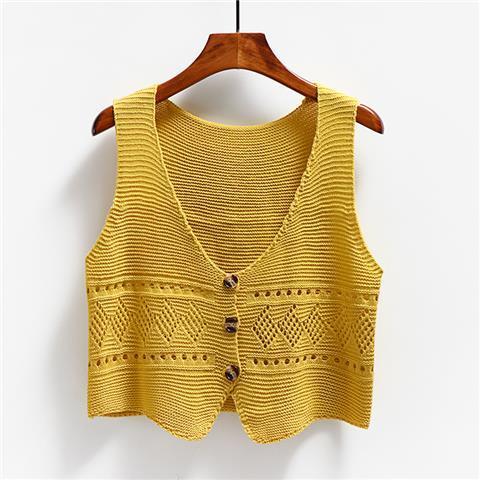 jinran 2024 Korean Fashion V Neck Loose Sleeveless Sweater Vest Women Knitted Hollow Out Single Breasted Short Cardigan Female Kniwear