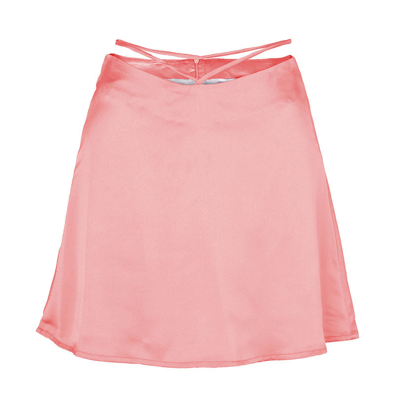 jinran Summer Cute Solid Color Satin Women Mini Skirt Fashion Sexy Cropped Zipper Lace Up Pink Miniskirt Silk Midi Skirts