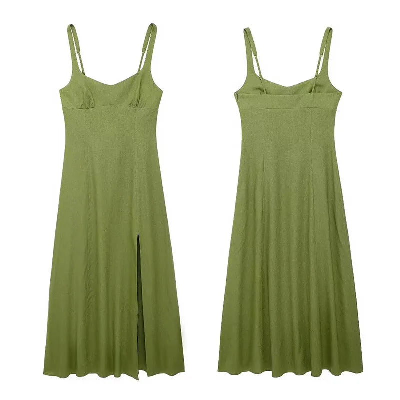 nvxiot  -  Square Neck Green Sling Long Dresses Women Elegant Front Split Sleeveless Sexy Dress Female Summer Vintage Holiday Robes