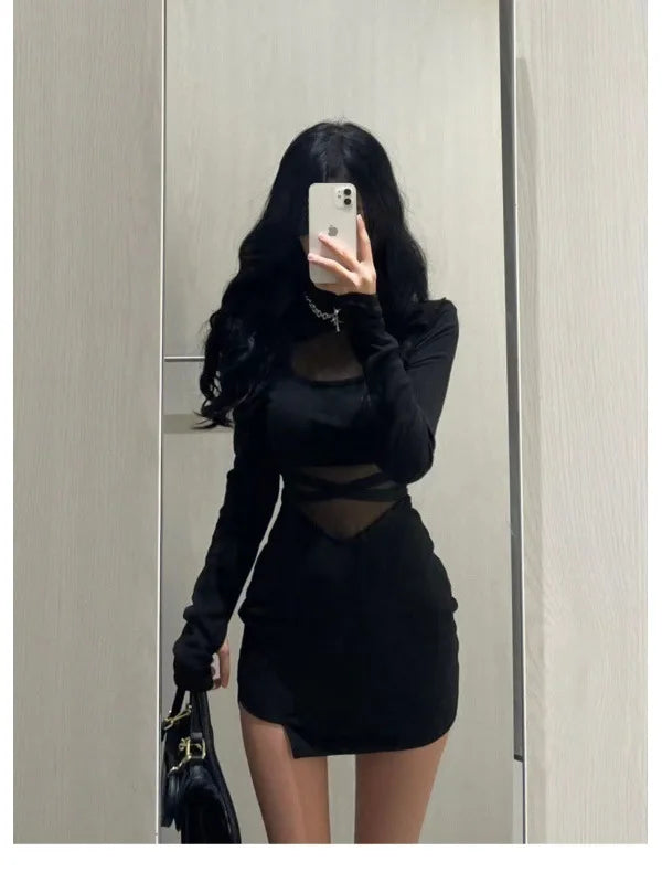 jinran Pile Up Sleeves New Sexy Black Fishbone Dress Personalized Slim Women Dress Thin Gauze Perspective Wrap Around Buttocks