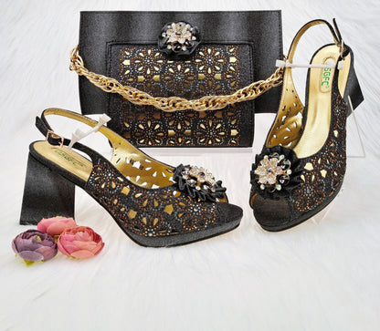 jinran Newest Gold Color Cutout High Heels Decorated with Rhinestone Flower Design Party Women's Shoes and Bags Set