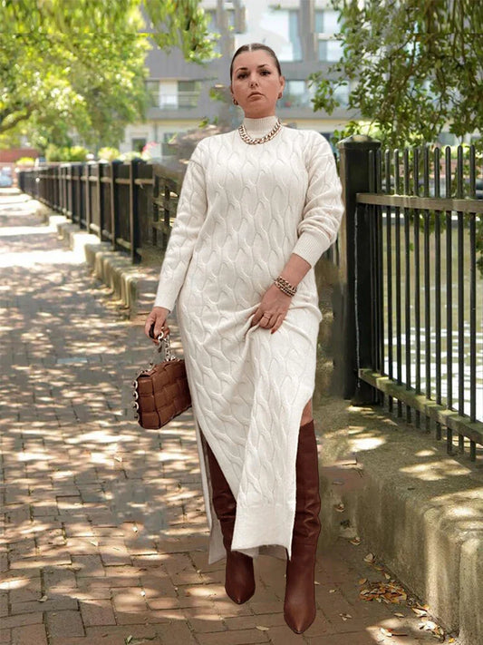 jinran White Knitted Dress Lady Long and Elegant Plus Size Clothes Sweater Dresses for Women Thick Winter Dress Wholesale Dropshipping