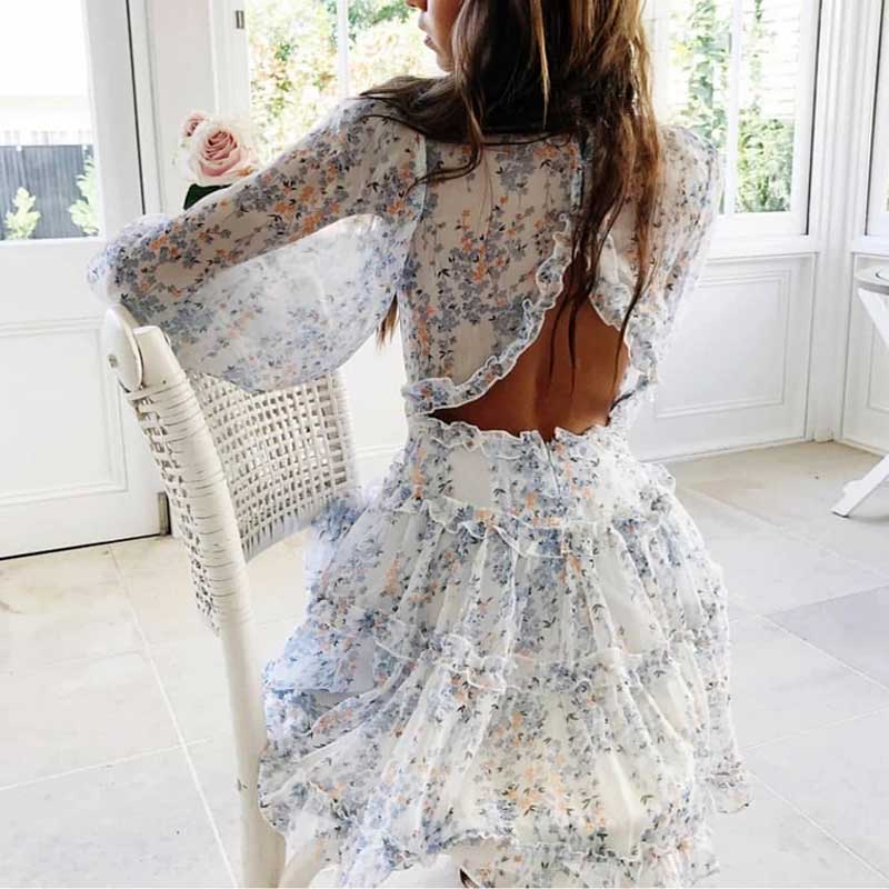 jinran Harlow Floral Print Ruffle Dress women backless V-neck dress women mini summer dress ladies  party dress