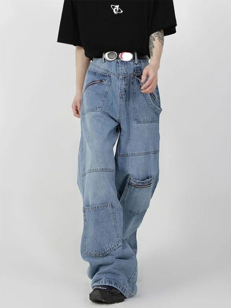 Baggy Cargo Jeans Men Denim Wide Leg Trousers Male Oversize Casual Streetwear Hip Hop Pocket Zipper Safari Style