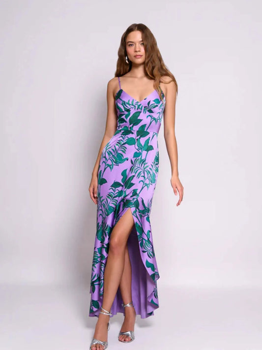 Elegant Floral Printed Spaghetti Strap V-Neck Long Dress For Women High Waist Sexy High Fork Fashion Casual Clothing In 2024