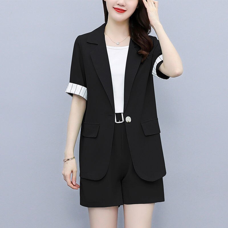 jinran 2022 Korean Style Summer New Elegant Women's Shorts Suit Short Sleeve Blazer Belt Decorative Shorts White Vest Three Piece Set