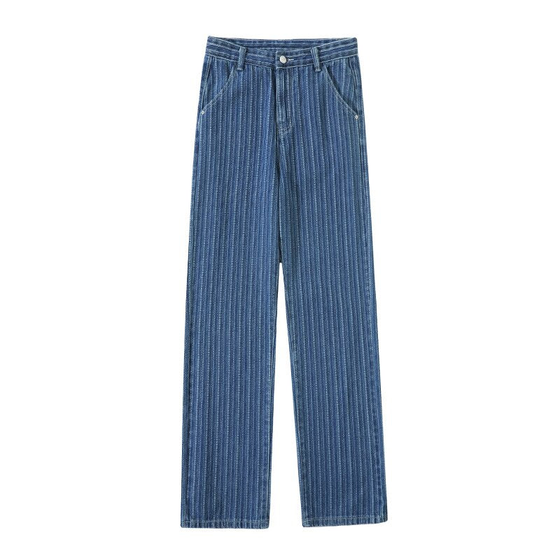 jinran Jacquard Blue Women Pants 2022 New Casual Striped Retro Basic Straight Loose Plus Size Jeans Y2K Fashion Trendy Ladies Trousers