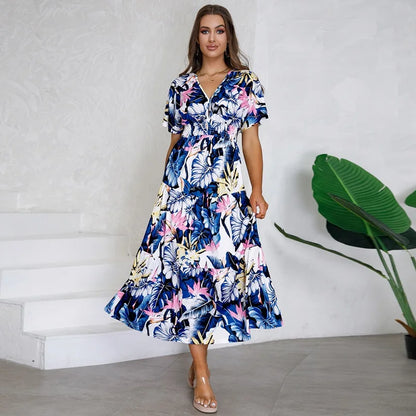 jinran Women Autumn Outfits Short Sleeve Sexy V-Neck Slim Bohemian Print Dress Popular Printed Summer Dress Women
