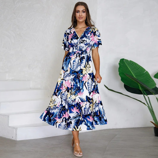 jinran Women Autumn Outfits Short Sleeve Sexy V-Neck Slim Bohemian Print Dress Popular Printed Summer Dress Women