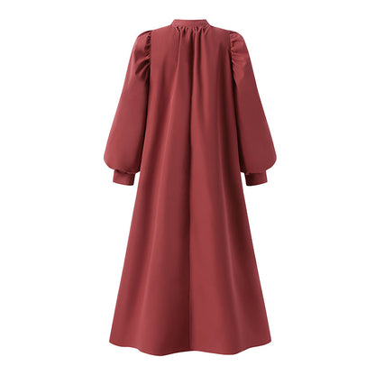 jinran Women Casual V Neck Solid A-Line Vestido 2022 Fashion Long Puff Sleeve Sundress Holiday Dress Retro Kaftan Dress Oversize