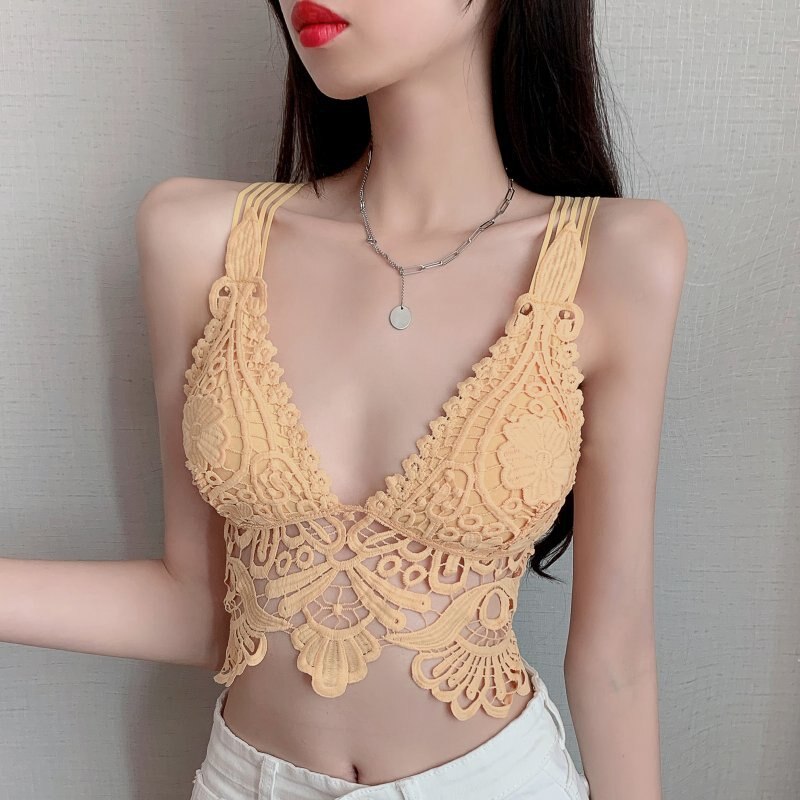 jinran Sexy Lace Beautiful Back Tank Top Solid Color Hollow Camisole Seamless Breathable Padded Underwear Backless 2022 New