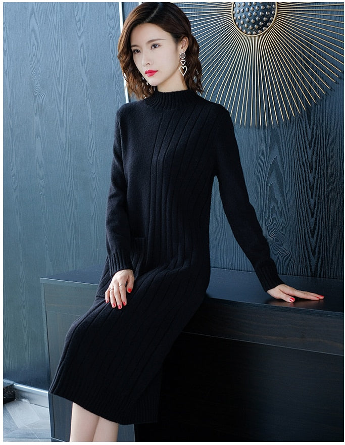 jinran Half High Collar Sweater Dress for Women In Autumn Winter New Medium Long Bottoming Sweater Knitted Pullover Streetwear Dresses