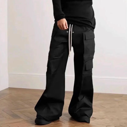 Wide Leg Drawstring Black Cargo Pants Unisex Straight Baggy Casual Overalls Men's Streetwear Loose Oversized Trousers