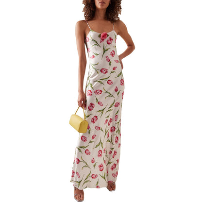 jinran Women Sling Long Dress, Sleeveless Off Shoulder Solid Color Ruffle Party Club Summer Spring Dress