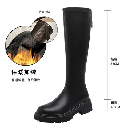 nvxiot  -  Women's Long Boots  Autumn/Winter Thick Sole Round Toe Fashion Versatile Inner Heightening British Brown Knight Boots Women